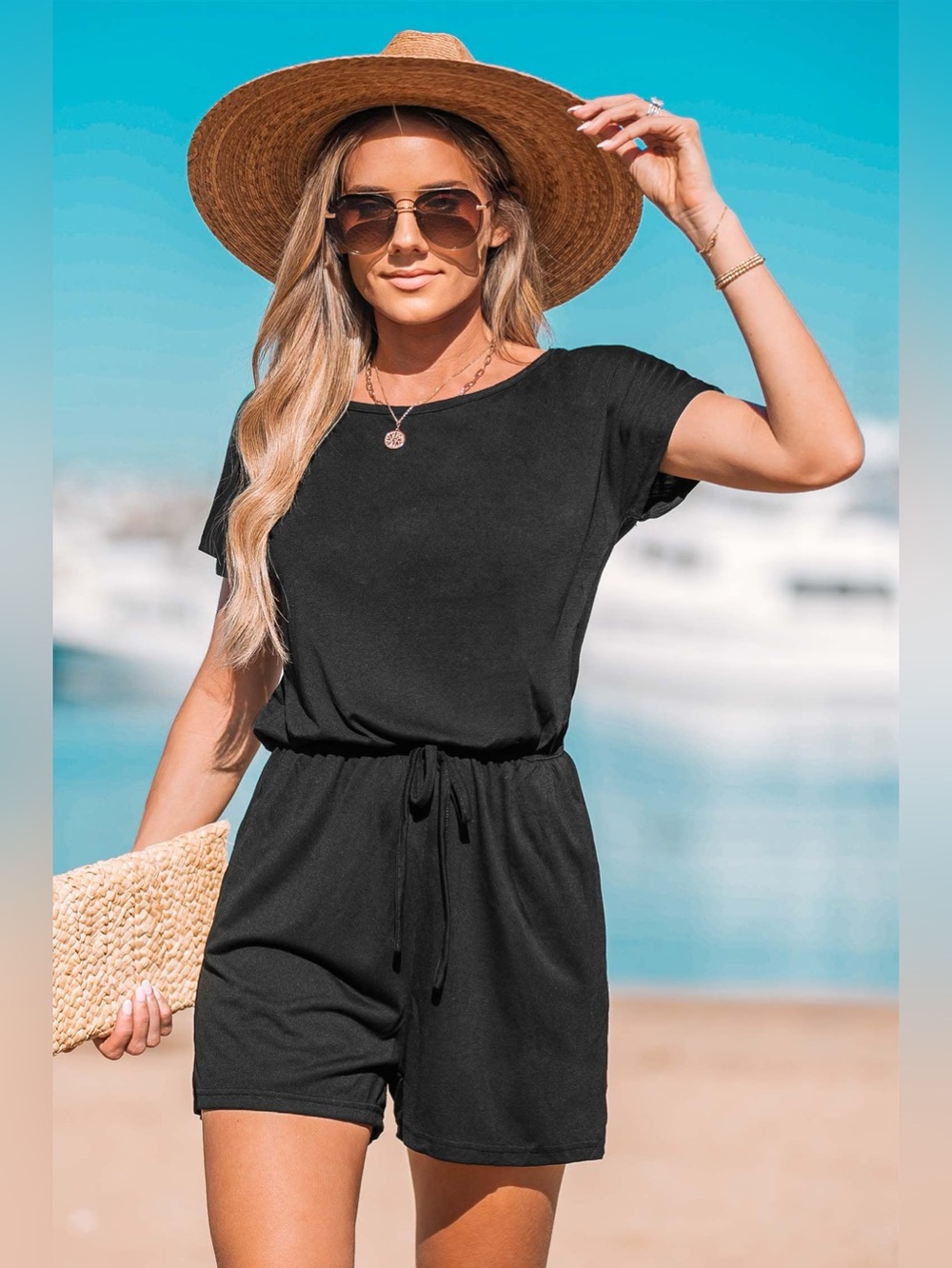 Cupshe Black Short Sleeve Drawstring Swim Coverup Romper